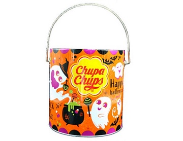 Colorful round tin bucket with lid and handle